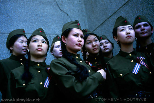 Kalmyk girls wear soviet era military uniforms as part of Victory Day celebrations in Elista